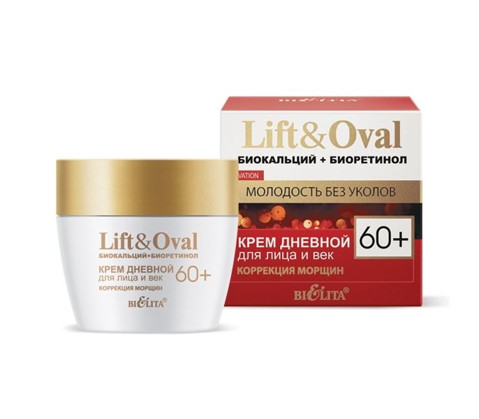 Yuz va ko'z qovoqlari uchun krem Lift и Oval 60+ kunlik ,qizg'ishlarni tuzatish, 50 ml, Belita