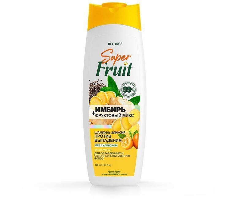 Sochlar uchun shampun-elexir SuperFRUIT Zanjabil + meva aralashmasi, soch to'kilishiga qarshi, silikonsiz, 500 ml, Vitex