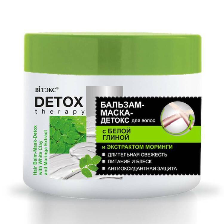 Sochlar uchun balzam-maska-detox DETOX THERAPY oq loy va moringa ekstrakti bilan, 300 ml, Vitex