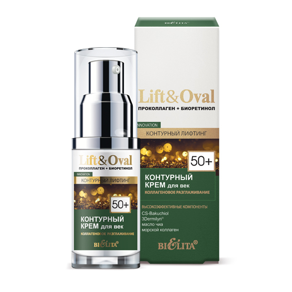 Ko'z qovoqlari uchun krem Lift и Oval 50+ kontur kollagen silliqlash 30 ml, Belita