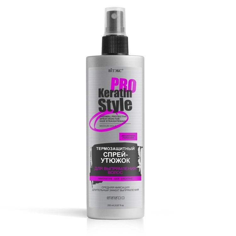 Soch uchun sprey-dazmol KERATIN PRO Style sochlarni to'g'rilash uchun, issiqlikdan himoya qiluvchi, o'rtacha fiksatsiya, 200 ml, Vitex