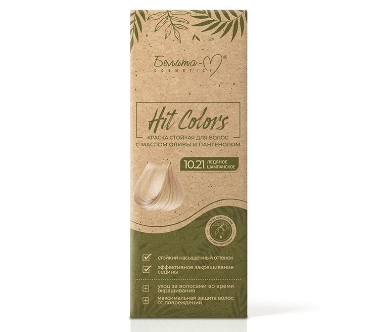 Soch bo'yog'i HIT COLORS chidamli № 10,21 Muzli shampan, 110 ml, Belika-M