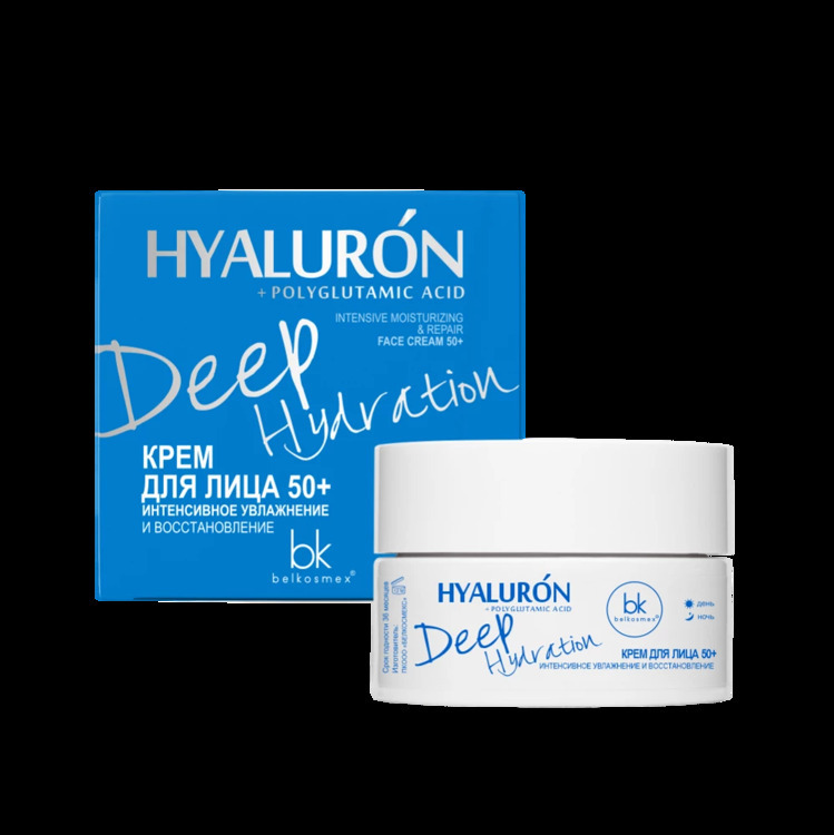 Yuz uchun krem HYALURON Deep Hydration 50+ kuchli hidratsiya va tiklanish 48 g, Belcosmex