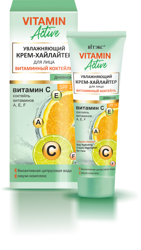 Krem-xaylater VITAMIN ACTIVE ВИТАМИННЫЙ КОКТЕЙЛЬ Namlik beruvchi SPF15, qunduzki 40 ml, Vitex