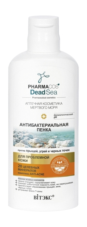 Yuz uchun tozalovchi jel-ko'pik PHARMACOS DEAD SEA Akne va qora nuqtalarga qarshi antibakterial 150 ml, Vitex